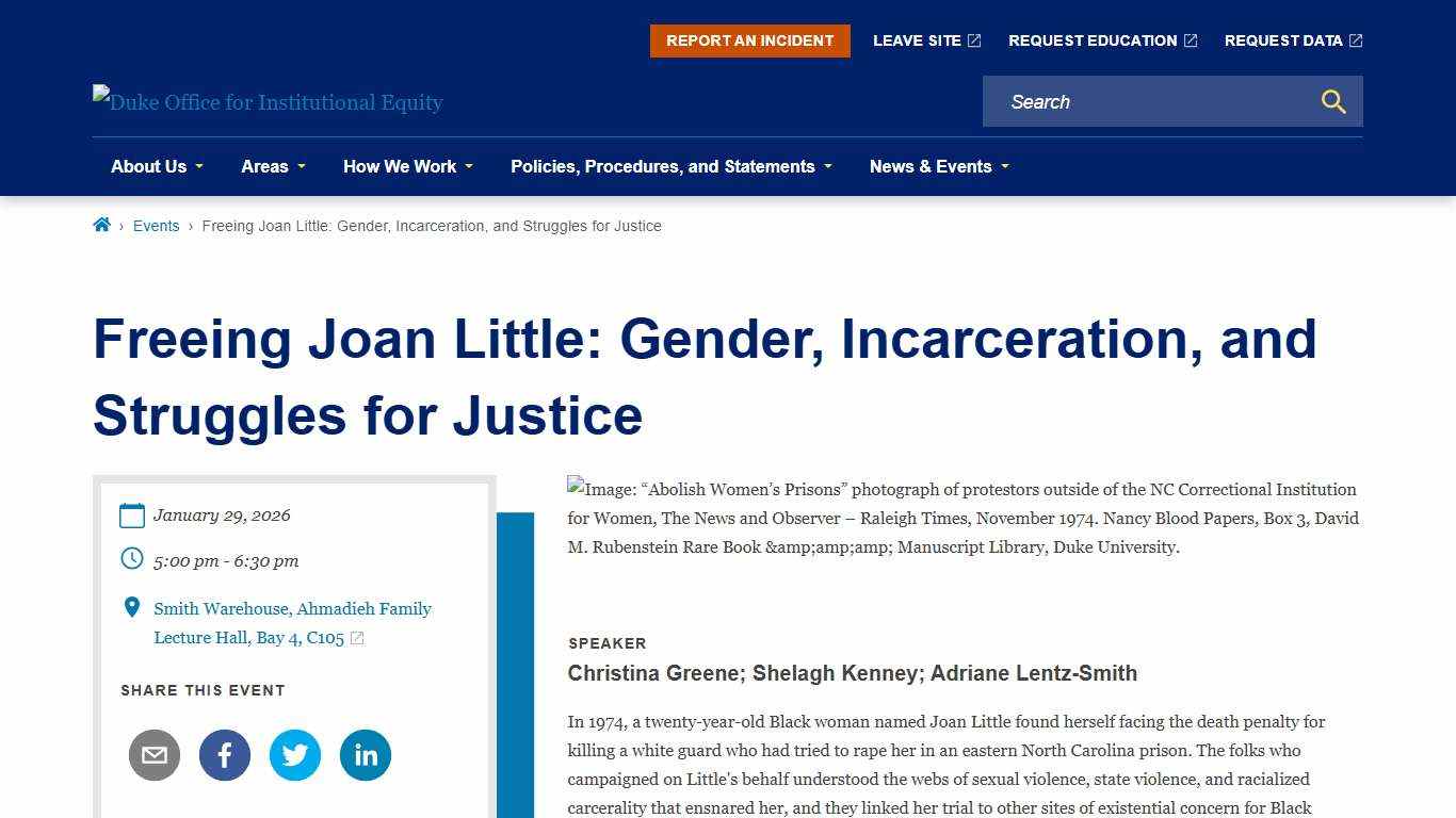 Freeing Joan Little: Gender, Incarceration, and Struggles for Justice Office for Institutional Equity