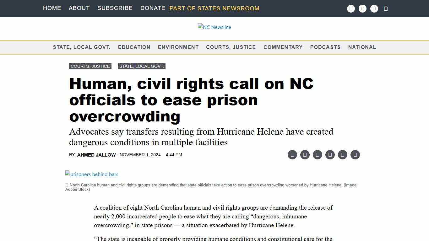 Human, civil rights call on NC officials to ease prison overcrowding • NC Newsline