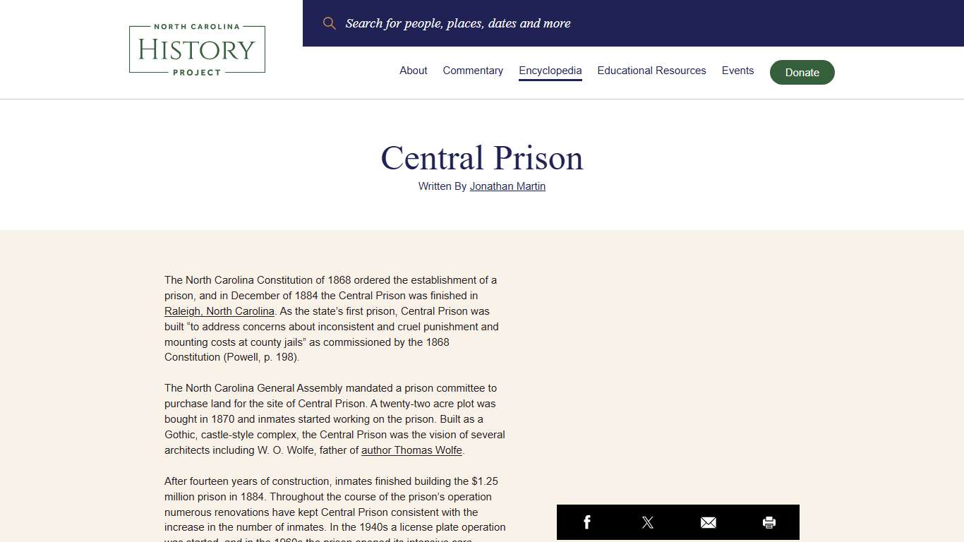 Central Prison - North Carolina History